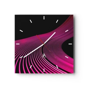Reloj de pared - Reloj de vidrio - Líneas futuristas en tonos rosa sobre fondo negro. - 30x30cm - Avenida de luz - Decoración de pared moderna para salón y dormitorio ARTTOR