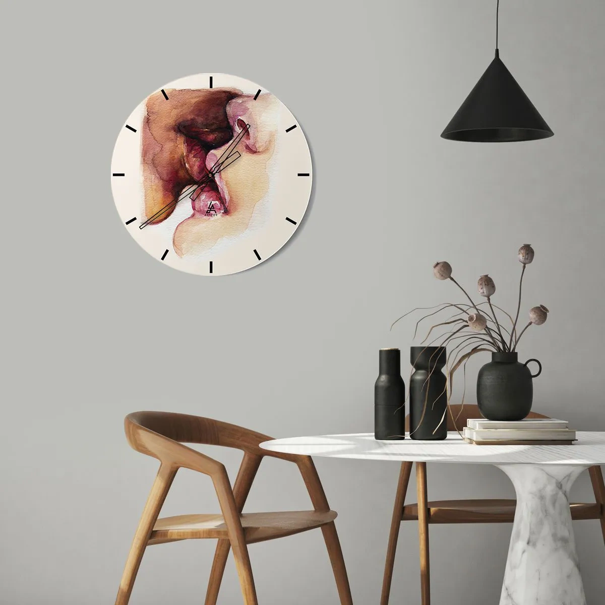 Reloj de pared - Reloj de vidrio - Un beso de dos caras en estilo acuarela. - 30x30cm - Como la noche y el día, la tierra y el cielo - Decoración de pared moderna para salón, cocina y dormitorio ARTTOR