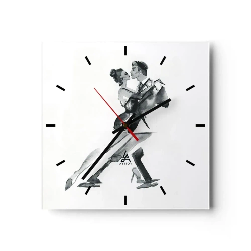 Reloj de pared - Reloj de vidrio - Una ilustración sutil de una pareja bailando en un estilo monocromático. - 30x30cm - Todos al son de la música - Decoración de pared moderna para salón y dormitorio ARTTOR
