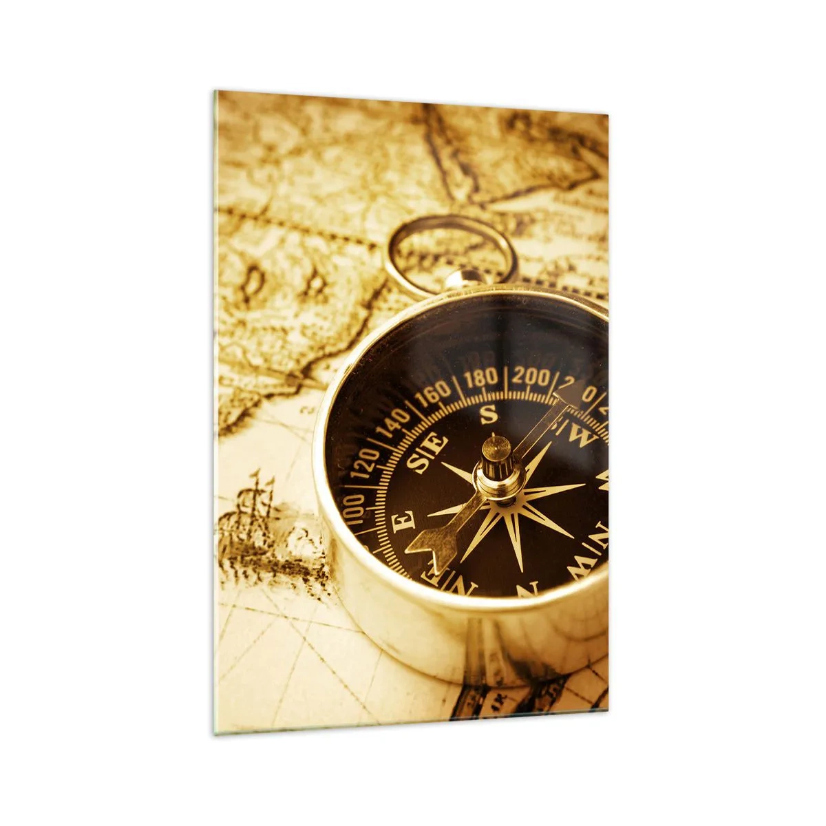 Cuadro sobre vidrio - Impresiones sobre Vidrio - Una brújula antigua sobre el fondo de un mapa del viejo mundo. - 70x100cm - ¿Este u Oeste? - Decoración de pared moderna para salón y dormitorio ARTTOR