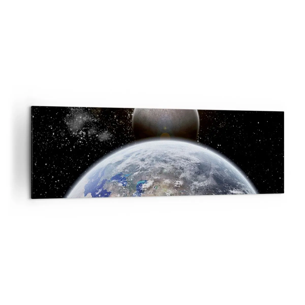 Cuadro sobre lienzo - Impresión de Imagen - El planeta Tierra y la Luna con el espacio exterior estrellado como telón de fondo. - 160x50cm - Paisaje cósmico - amanecer - Decoración de pared moderna para salón y dormitorio ARTTOR