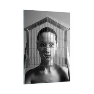 Cuadro sobre vidrio - Impresiones sobre Vidrio - Mujer con una jaula con forma de casa en su cara en blanco y negro - 50x70cm - Un retrato algo surrealista - Decoración de pared moderna para salón y dormitorio ARTTOR