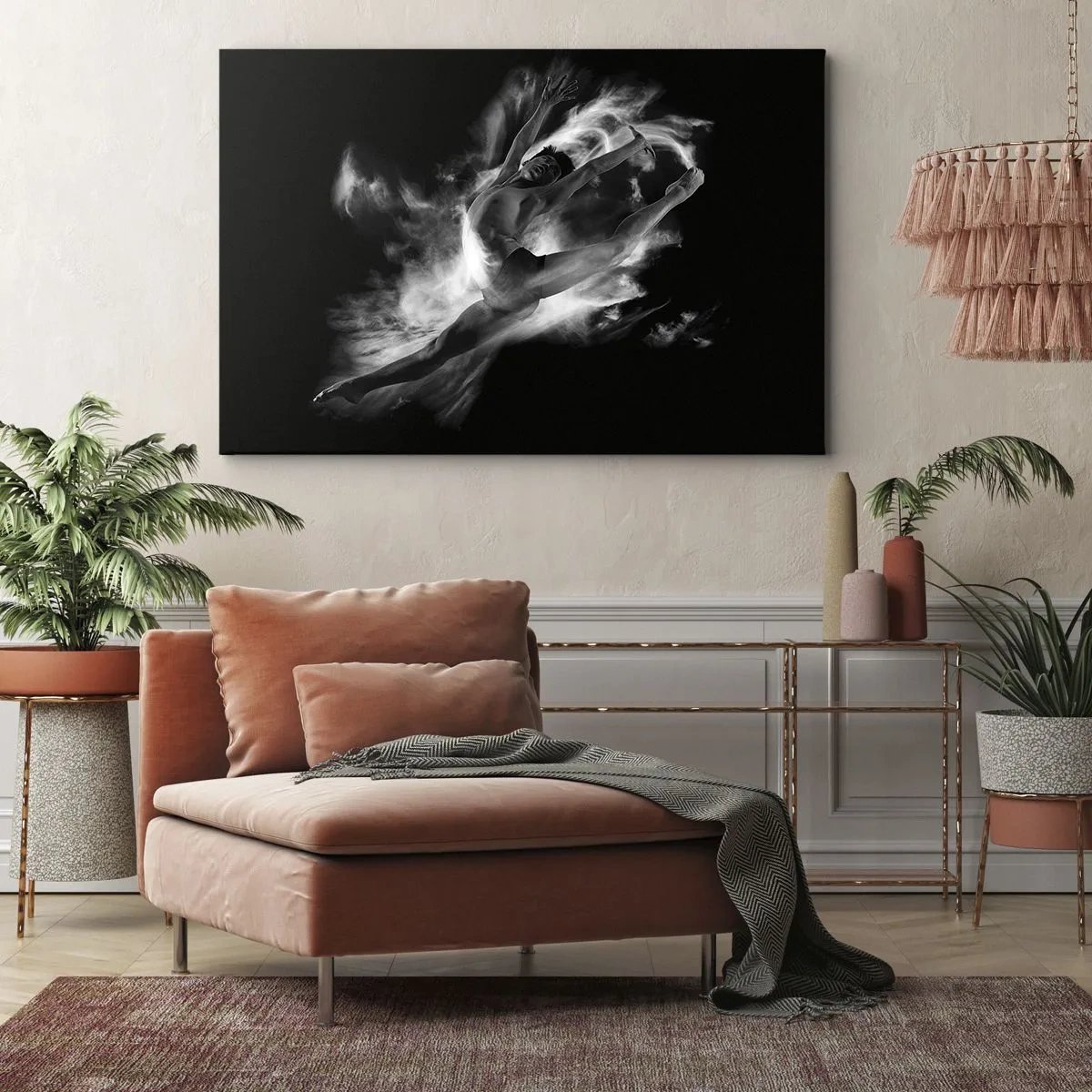 Cuadro sobre lienzo - Impresión de Imagen - Una bailarina en una pose dinámica sobre un fondo negro. - 70x50cm - El arte del vuelo - Decoración de pared moderna para salón y dormitorio ARTTOR