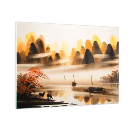 Cuadro sobre vidrio - Impresiones sobre Vidrio - Paisaje oriental con barcos y montañas en la niebla. - 70x50cm - Más allá del Lejano Oriente - Decoración de pared moderna para salón y dormitorio ARTTOR