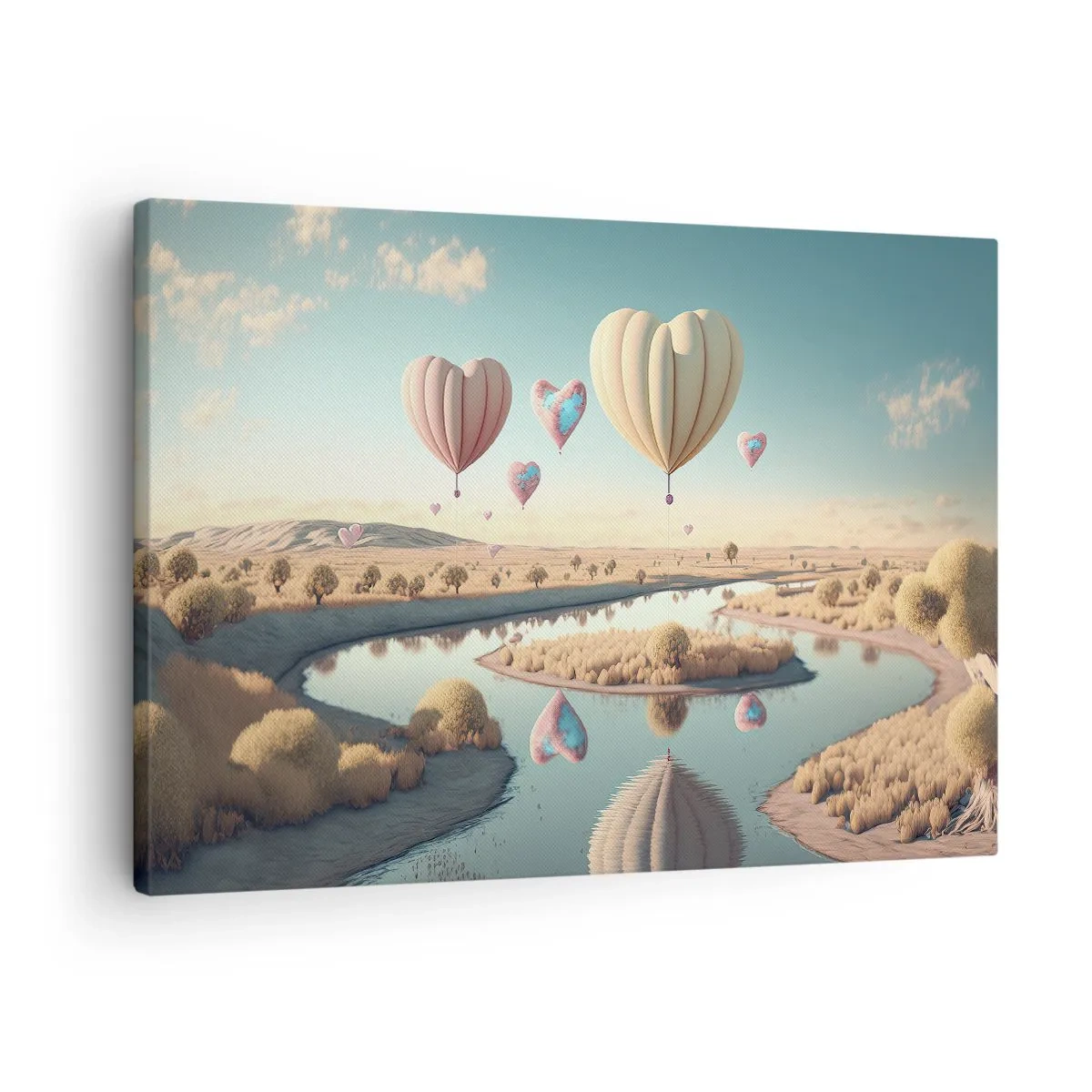Cuadro sobre lienzo - Impresión de Imagen - Globos en forma de corazón flotando sobre el paisaje. - 70x50cm - El amor te hace volar - Decoración de pared moderna para salón y dormitorio ARTTOR