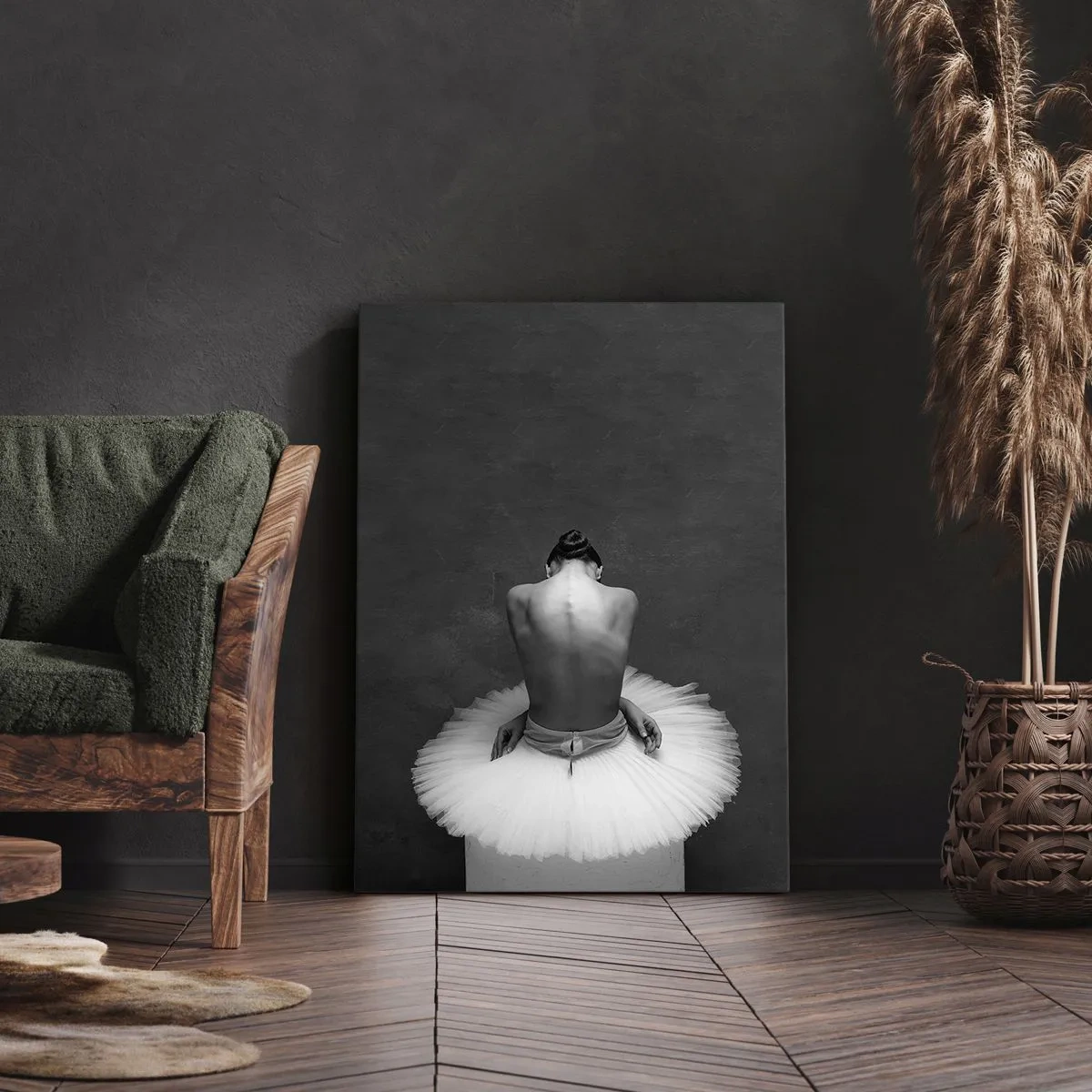 Cuadro sobre lienzo - Impresión de Imagen - Una bailarina de ballet en una pose clásica sobre un fondo oscuro. - 50x70cm - Rodeada de pétalos - Decoración de pared moderna para salón y dormitorio ARTTOR