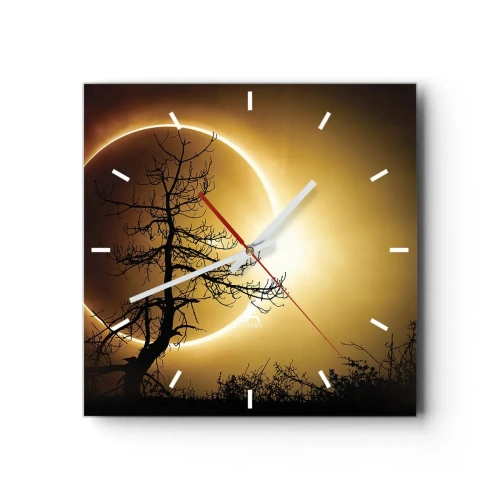 Reloj de pared - Reloj de vidrio - Eclipse solar con una silueta de árbol en primer plano - 30x30cm - Eclipse total - Decoración de pared moderna para salón y dormitorio ARTTOR
