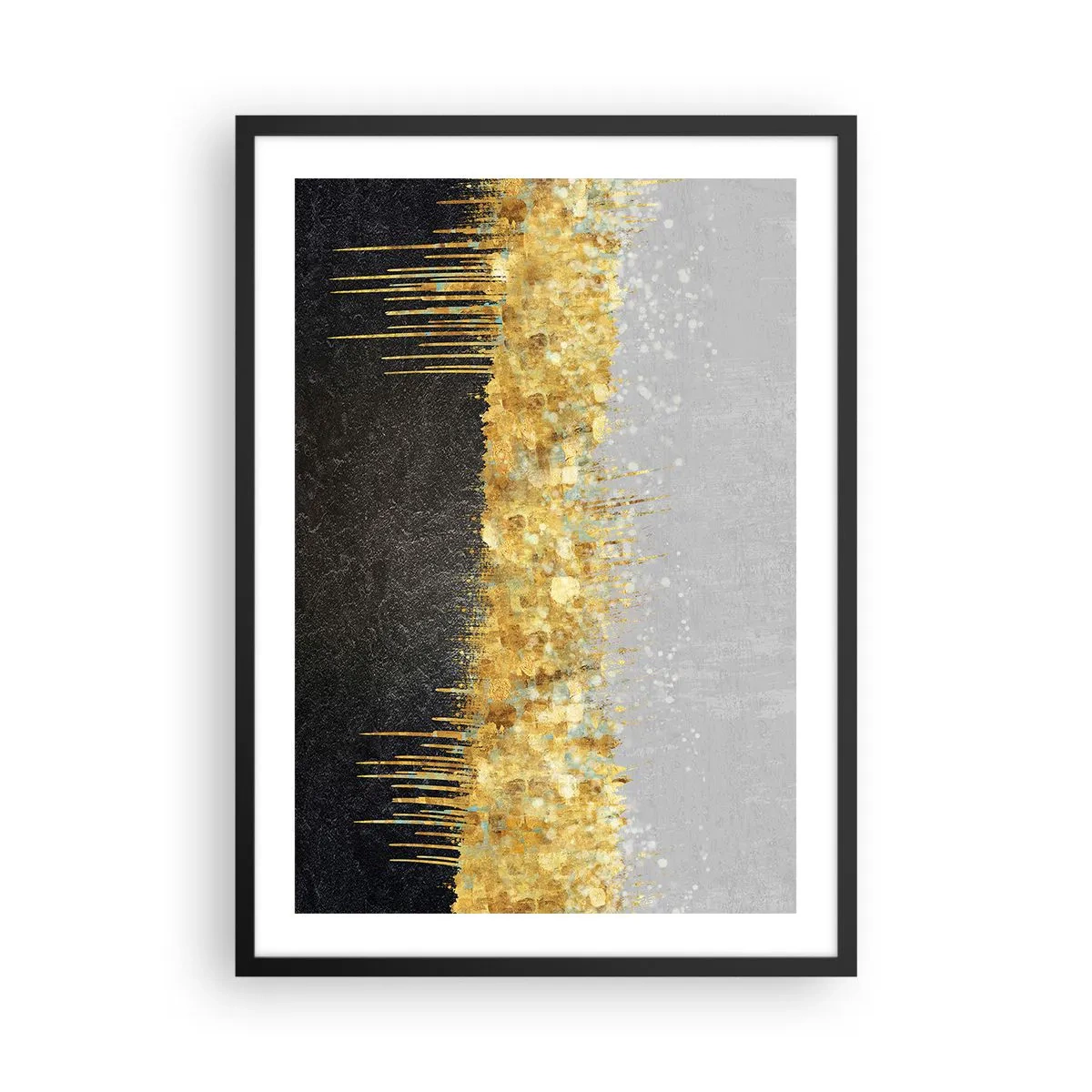 Póster en marco negro - Composición abstracta de oro, negro y plata. - 50x70cm - Hacia arriba y hacia abajo - Decoración de pared moderna para salón y dormitorio ARTTOR