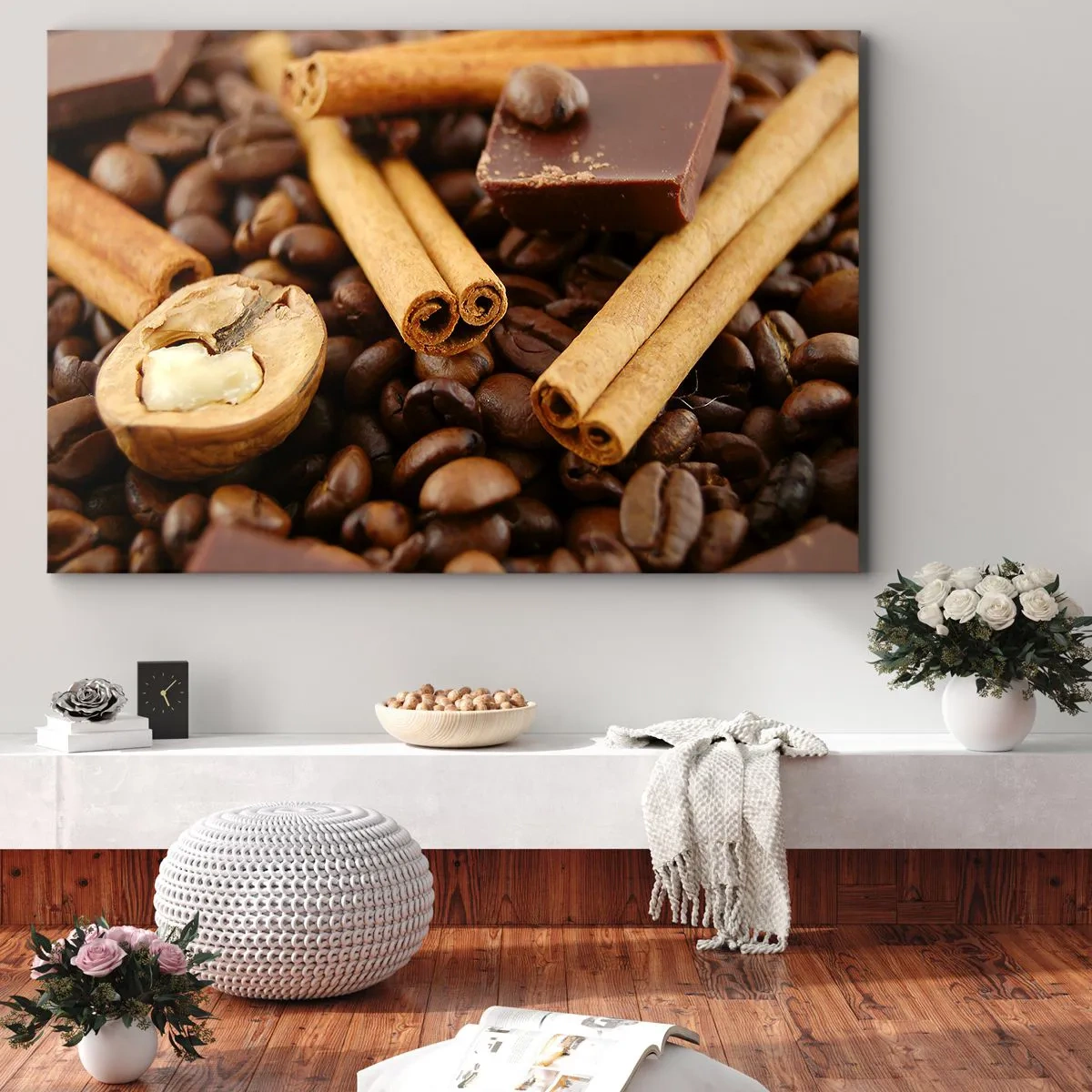 Cuadro sobre lienzo - Impresión de Imagen - Granos de café con ramas de canela, chocolate y nueces. - 100x70cm - Concierto de aromas - Decoración de pared moderna para salón y dormitorio ARTTOR