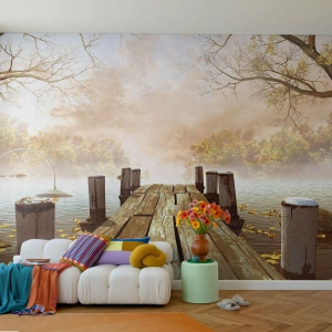 Fotomural Premium Sand - Un embarcadero de madera en un lago rodeado de niebla y árboles. - 100x70cm - La leve tristeza del otoño - Decoración de pared moderna para salón y dormitorio ARTTOR