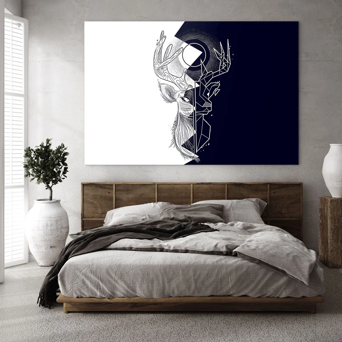 Cuadro sobre vidrio - Impresiones sobre Vidrio - Dibujo geométrico de un ciervo sobre fondo blanco y negro. - 70x50cm - Lucha y unidad de los opuestos - Decoración de pared moderna para salón y dormitorio ARTTOR