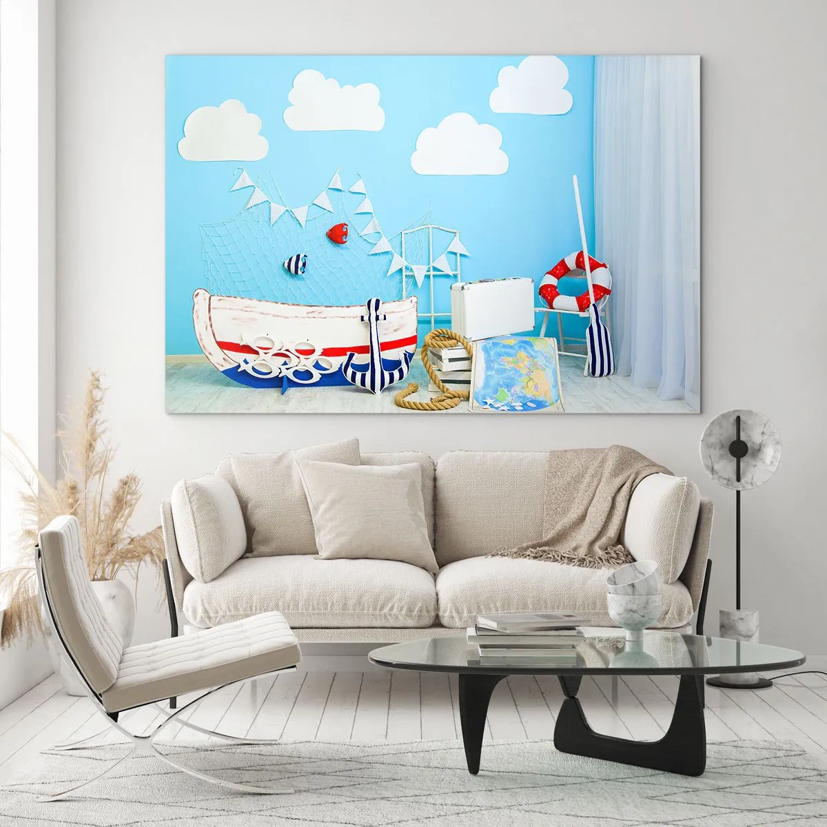 Cuadro sobre vidrio - Impresiones sobre Vidrio - Escena marina decorativa con un barco y accesorios náuticos. - 100x70cm - El ansia de aventura de un niño - Decoración de pared moderna para salón y dormitorio ARTTOR