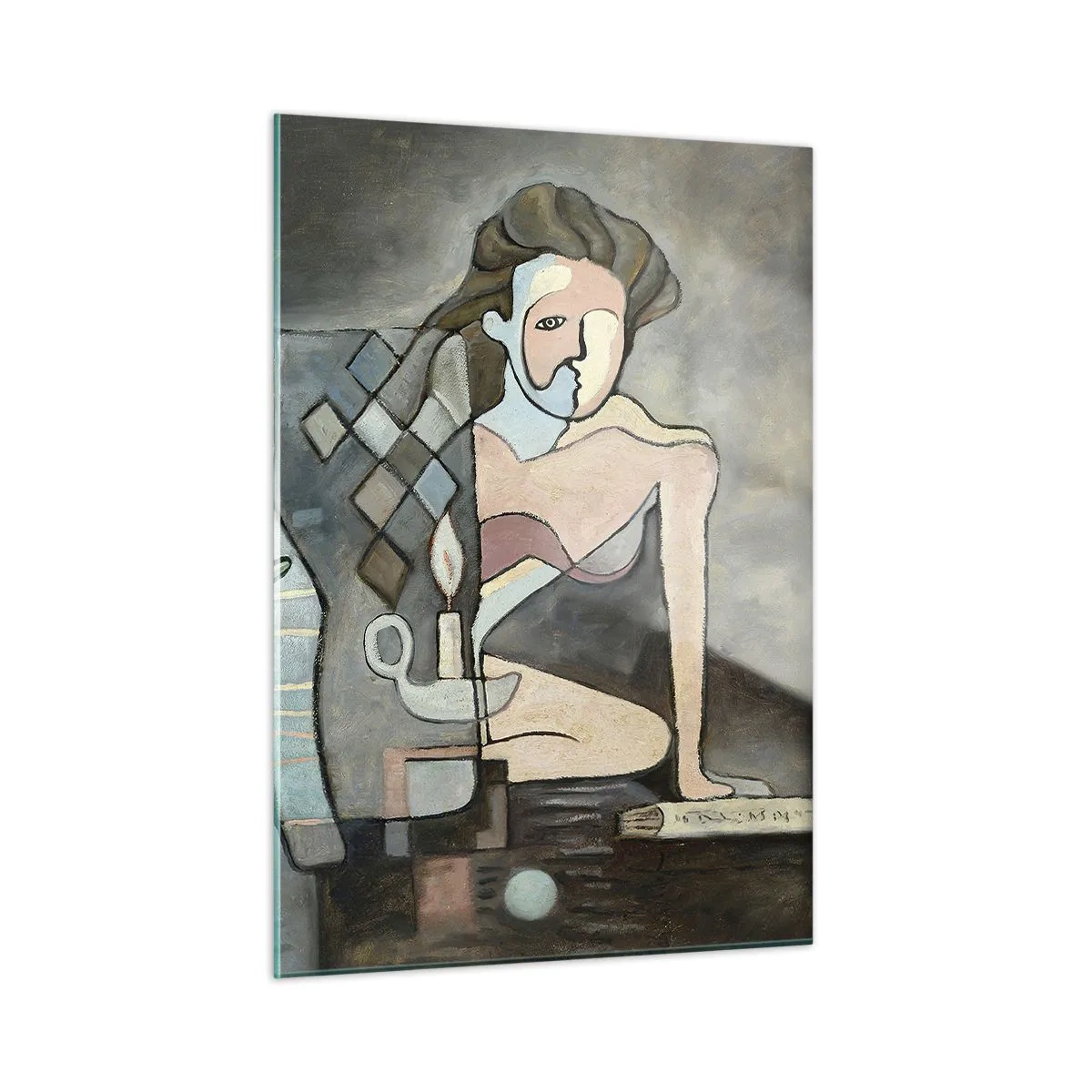 Cuadro sobre vidrio - Impresiones sobre Vidrio - Una escena abstracta con dos figuras en estilo cubista. - 50x70cm - Un mosaico de espíritu y materia - Decoración de pared moderna para salón y dormitorio ARTTOR