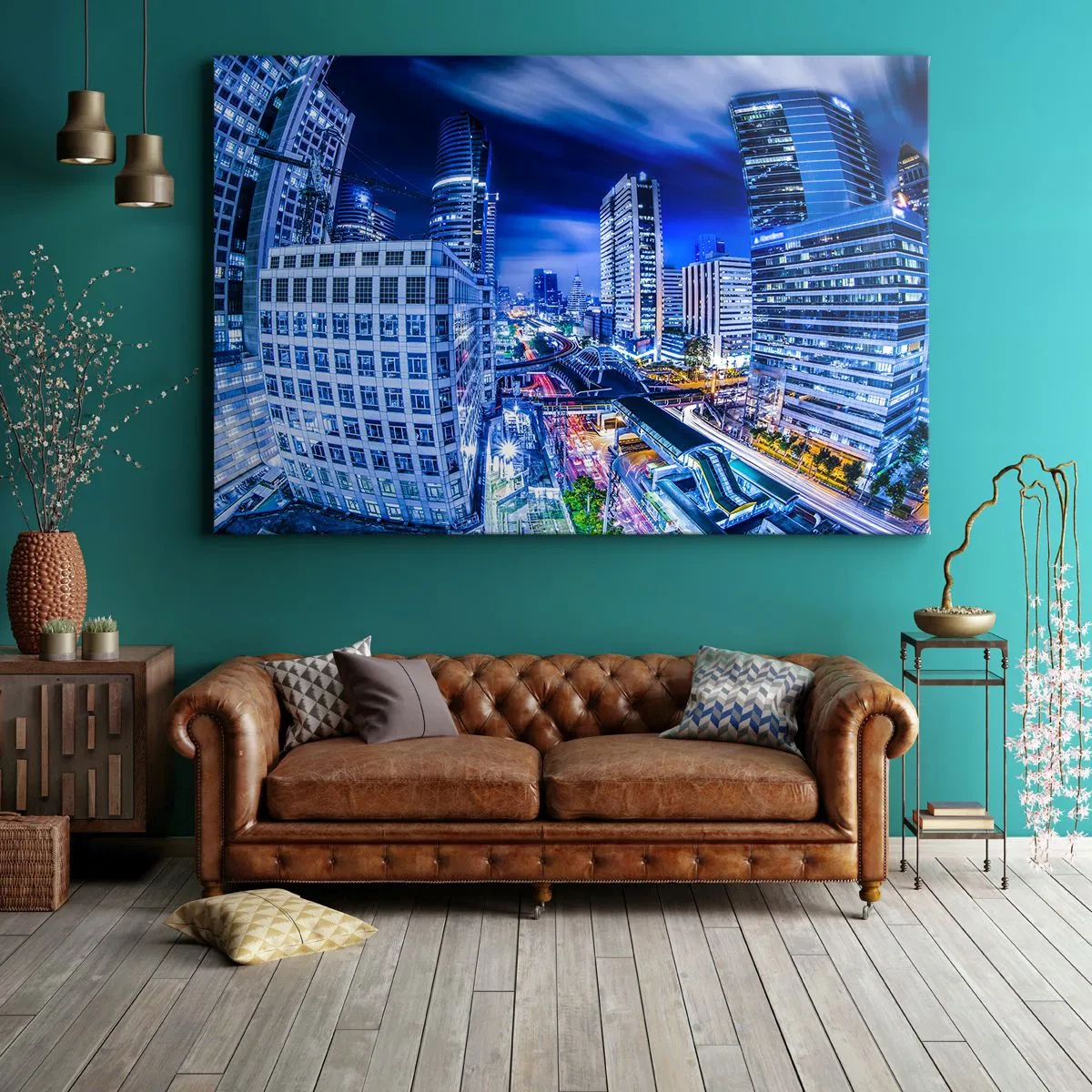 Cuadro sobre lienzo - Impresión de Imagen - Panorama nocturno de la ciudad con rascacielos y farolas - 70x50cm - Ritmos de la ciudad nocturna - Decoración de pared moderna para salón y dormitorio ARTTOR