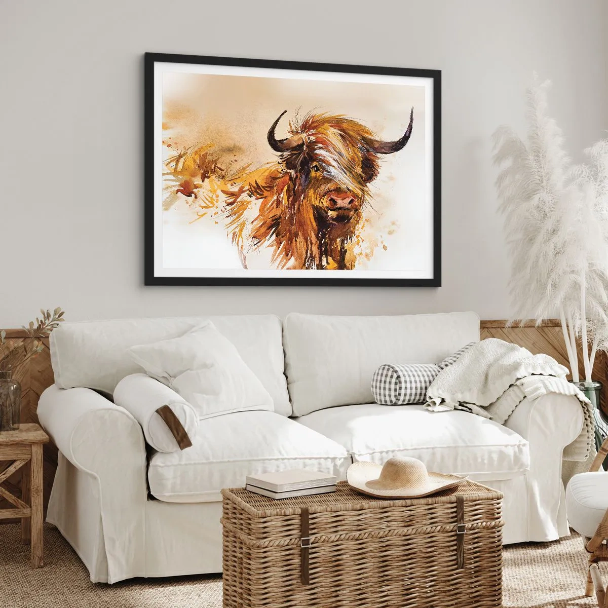Póster en marco negro - Retrato de un toro en estilo artístico de acuarela. - 100x70cm - El orgullo del líder - Decoración de pared moderna para salón y dormitorio ARTTOR