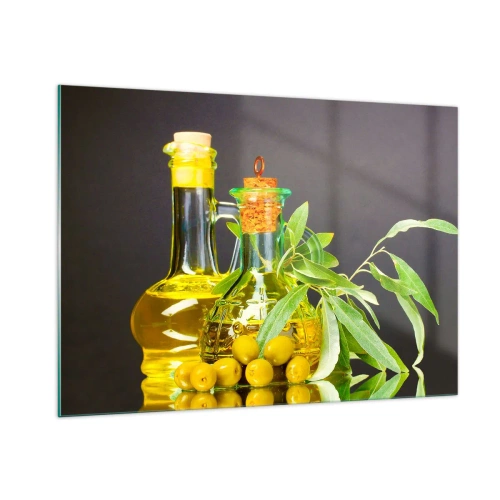 Cuadro sobre vidrio - Impresiones sobre Vidrio - Botellas de aceite de oliva y una rama con aceitunas al fondo - 100x70cm - Bodegón con aceitunas y aceite - Decoración de pared moderna para salón y dormitorio ARTTOR