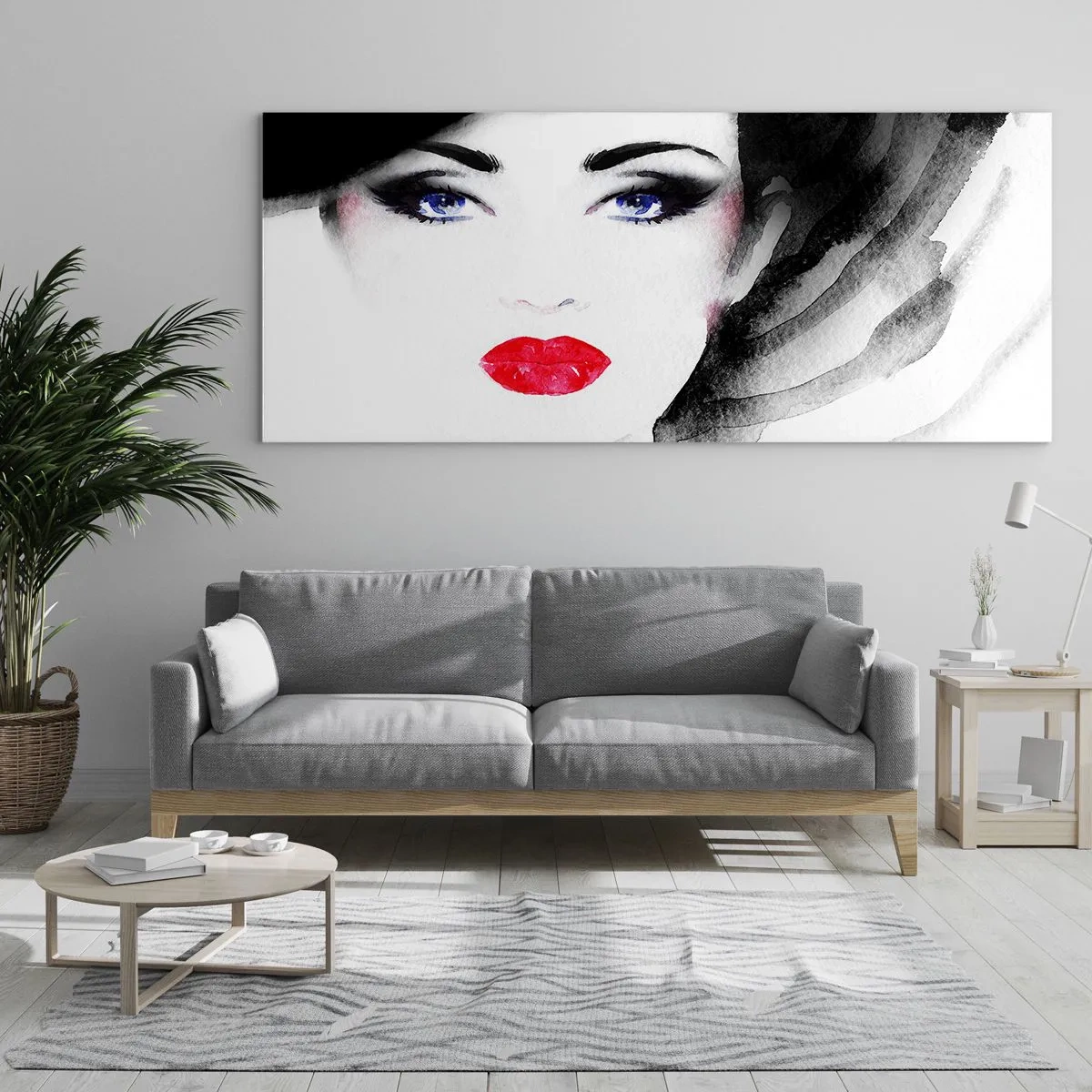 Cuadro sobre vidrio - Impresiones sobre Vidrio - Retrato de una mujer con labios rojos y ojos azules intensos. - 120x50cm - Lenguaje no verbal - Decoración de pared moderna para salón y dormitorio ARTTOR