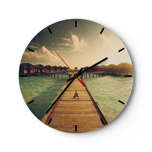 Reloj de pared - Reloj de vidrio - El embarcadero que conduce a las casas de agua a la luz del atardecer. - 30x30cm - Una cálida invitación - Decoración de pared moderna para salón, cocina y dormitorio ARTTOR