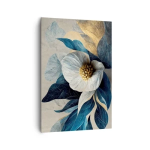 Cuadro sobre lienzo - Impresión de Imagen - Una flor con hojas azules sobre un fondo elegante. - 70x100cm - Con un corazón de oro - Decoración de pared moderna para salón y dormitorio ARTTOR