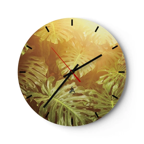 Reloj de pared - Reloj de vidrio - Hojas de monstera a la luz del sol poniente - 30x30cm - Hacia el verdor... - Decoración de pared moderna para salón, cocina y dormitorio ARTTOR