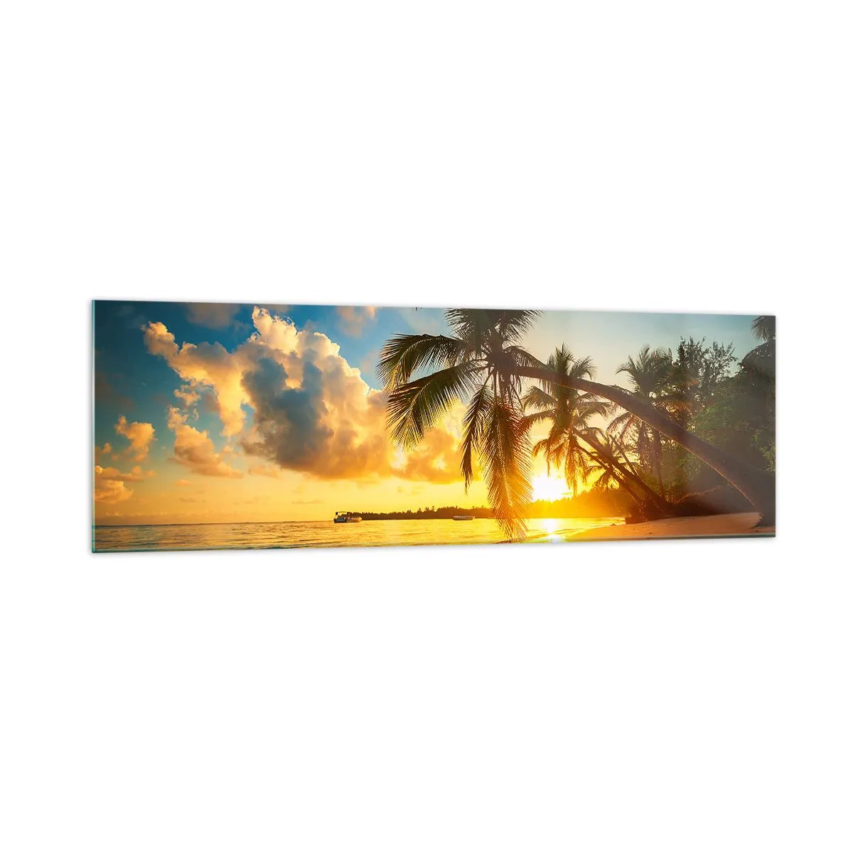 Cuadro sobre vidrio - Impresiones sobre Vidrio - Playa al atardecer con palmeras en la orilla del mar - 160x50cm - Un sueño caribeño - Decoración de pared moderna para salón y dormitorio ARTTOR