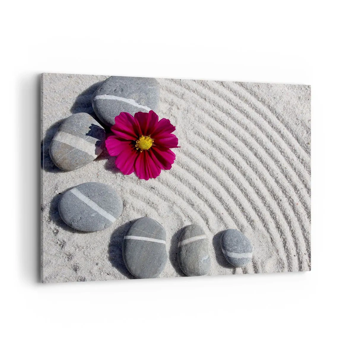 Cuadro sobre lienzo - Impresión de Imagen - Piedras y una flor rosa sobre la arena en estilo zen. - 120x80cm - Energía y paz del círculo mágico de la naturaleza - Decoración de pared moderna para salón y dormitorio ARTTOR