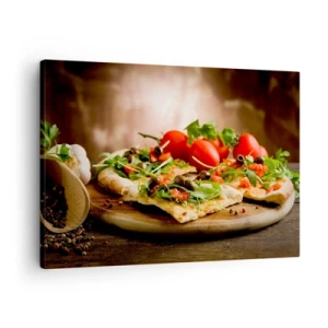 Cuadro sobre lienzo - Impresión de Imagen - Pizza con verduras sobre tabla de madera en estilo rústico - 70x50cm - Directamente del horno y del jardín - Decoración de pared moderna para salón y dormitorio ARTTOR