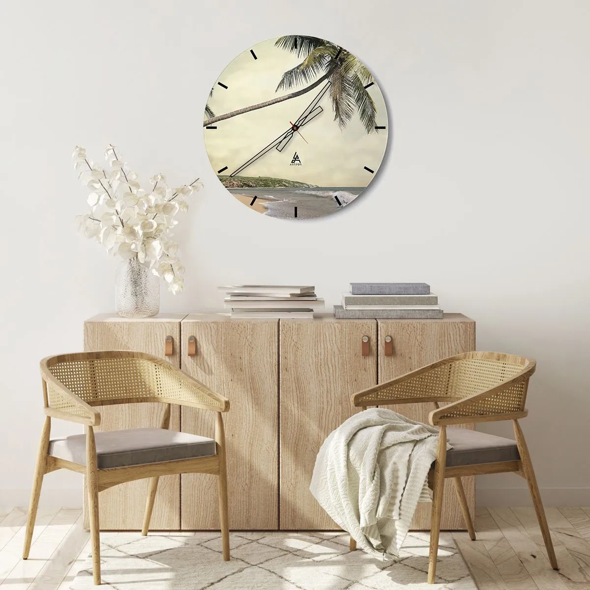 Reloj de pared - Reloj de vidrio - Palmeras con el telón de fondo de una playa tropical. - 30x30cm - Sueño tropical - Decoración de pared moderna para salón, cocina y dormitorio ARTTOR