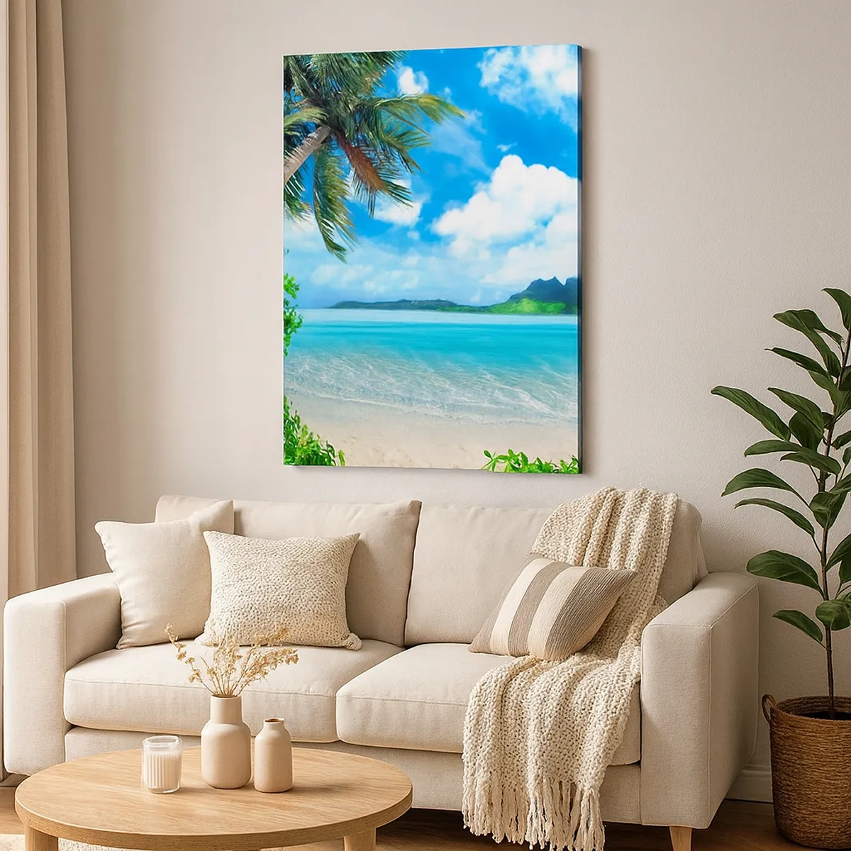 Cuadro sobre lienzo - Impresión de Imagen - Playa tropical con palmeras y vista a la isla. - 50x70cm - El azul de los trópicos - Decoración de pared moderna para salón y dormitorio ARTTOR