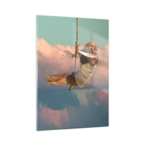 Cuadro sobre vidrio - Impresiones sobre Vidrio - Niña en un columpio entre nubes rosas - 50x70cm - Jugando en las nubes - Decoración de pared moderna para salón y dormitorio ARTTOR