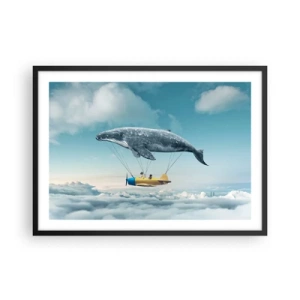 Póster en marco negro - Una ballena voladora transporta un avión en un entorno surrealista. - 70x50cm - ¿Por qué no? - Decoración de pared moderna para salón y dormitorio ARTTOR