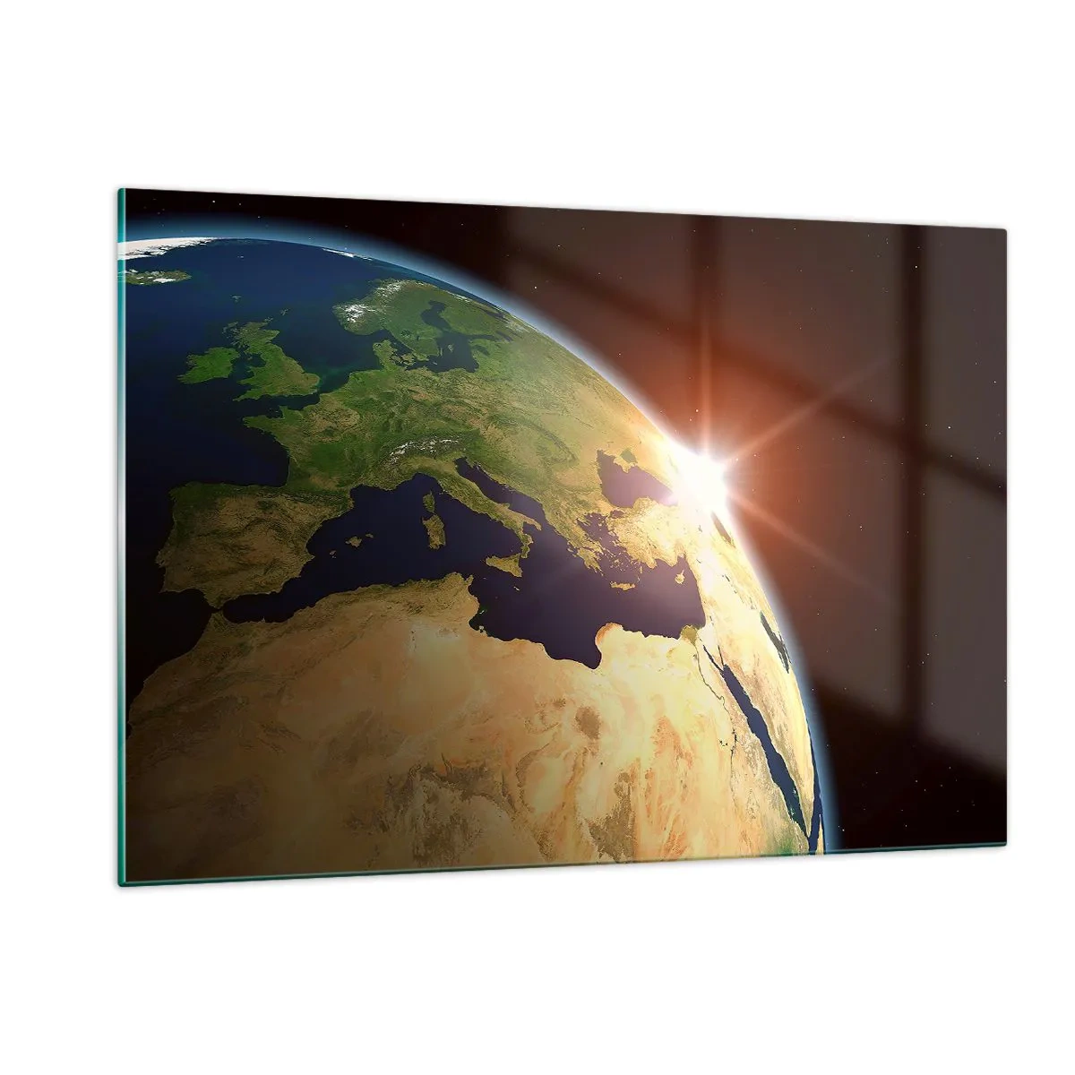 Cuadro sobre vidrio - Impresiones sobre Vidrio - La Tierra iluminada por el sol naciente desde el espacio - 120x80cm - Amanecer - Decoración de pared moderna para salón y dormitorio ARTTOR