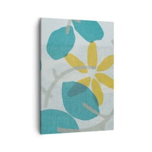 Cuadro sobre lienzo - Impresión de Imagen - Hojas en tonos turquesa y amarillo sobre un fondo claro. - 50x70cm - Entre hojas azules - Decoración de pared moderna para salón y dormitorio ARTTOR