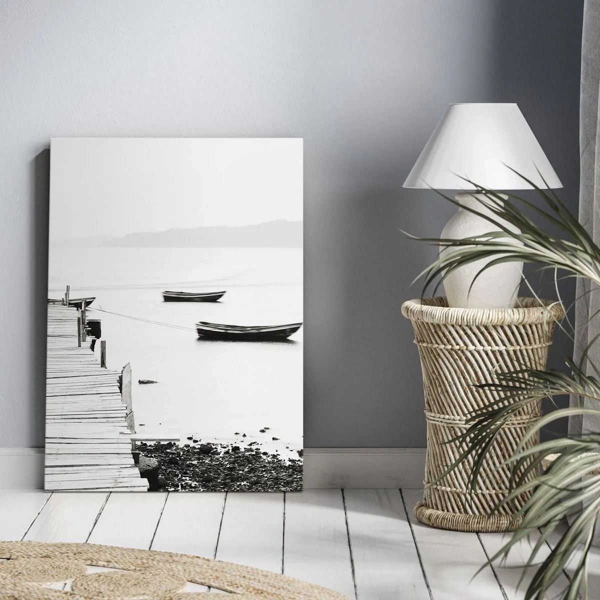 Cuadro sobre lienzo - Impresión de Imagen - Muelle de madera y barcos en aguas tranquilas - 50x70cm - Junto al agua tranquila y clara - Decoración de pared moderna para salón y dormitorio ARTTOR