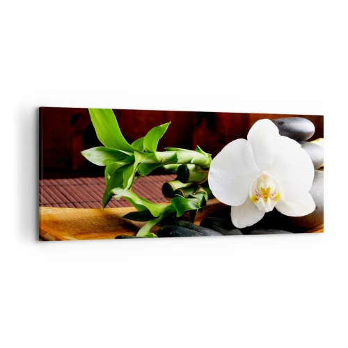 Cuadro sobre lienzo - Impresión de Imagen - Orquídea blanca con bambú sobre un fondo de piedra de estilo zen. - 120x50cm - Ríndete al tacto de la naturaleza - Decoración de pared moderna para salón y dormitorio ARTTOR