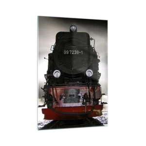Cuadro sobre vidrio - Impresiones sobre Vidrio - Una locomotora de vapor rodeada de vapor contra un cielo oscuro en un entorno atmosférico. - 70x100cm - De pie, jadeando y soplando - Decoración de pared moderna para salón y dormitorio ARTTOR