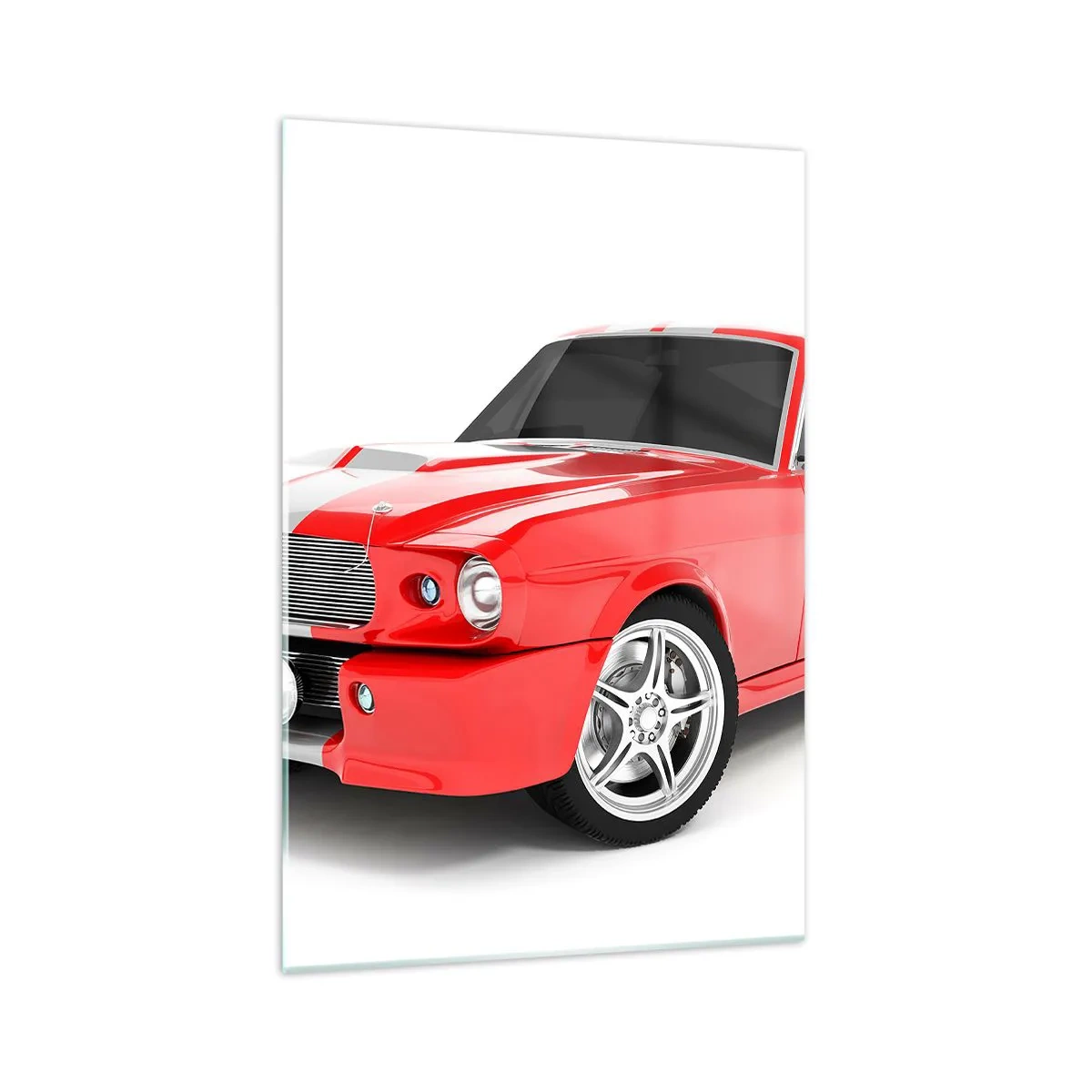 Cuadro sobre vidrio - Impresiones sobre Vidrio - Coche deportivo rojo con rayas blancas. - 70x100cm - Mustang veloz como el viento - Decoración de pared moderna para salón y dormitorio ARTTOR