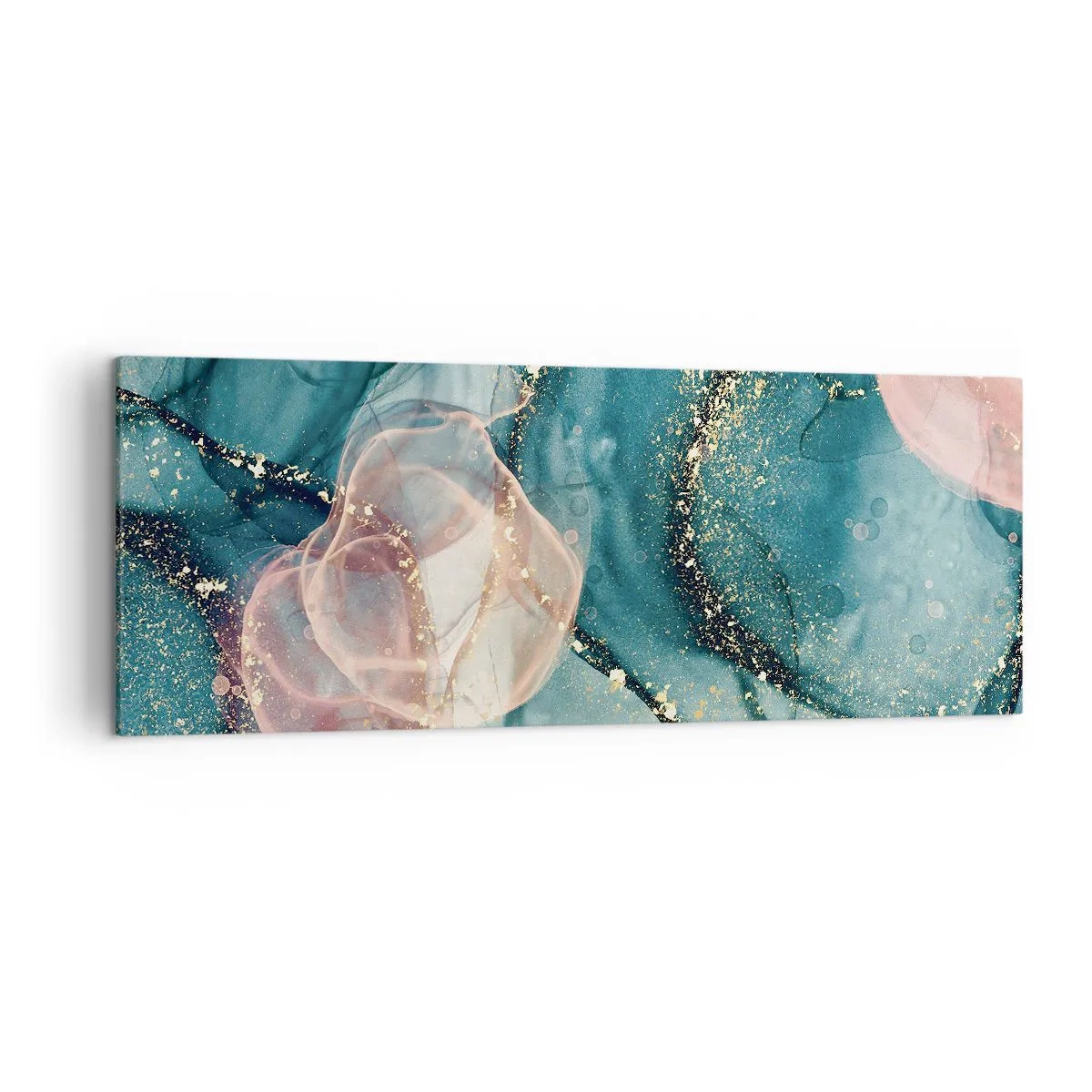 Cuadro sobre lienzo - Impresión de Imagen - Una composición abstracta en tonos turquesa y dorado. - 140x50cm - Seda azul, tul rosa - Decoración de pared moderna para salón y dormitorio ARTTOR
