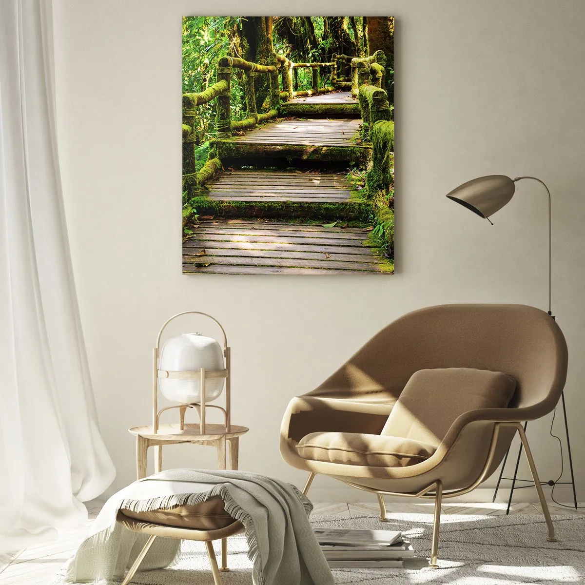Cuadro sobre vidrio - Impresiones sobre Vidrio - Un puente de madera cubierto de musgo en una selva tropical. - 70x100cm - A través de un corredor verde - Decoración de pared moderna para salón y dormitorio ARTTOR
