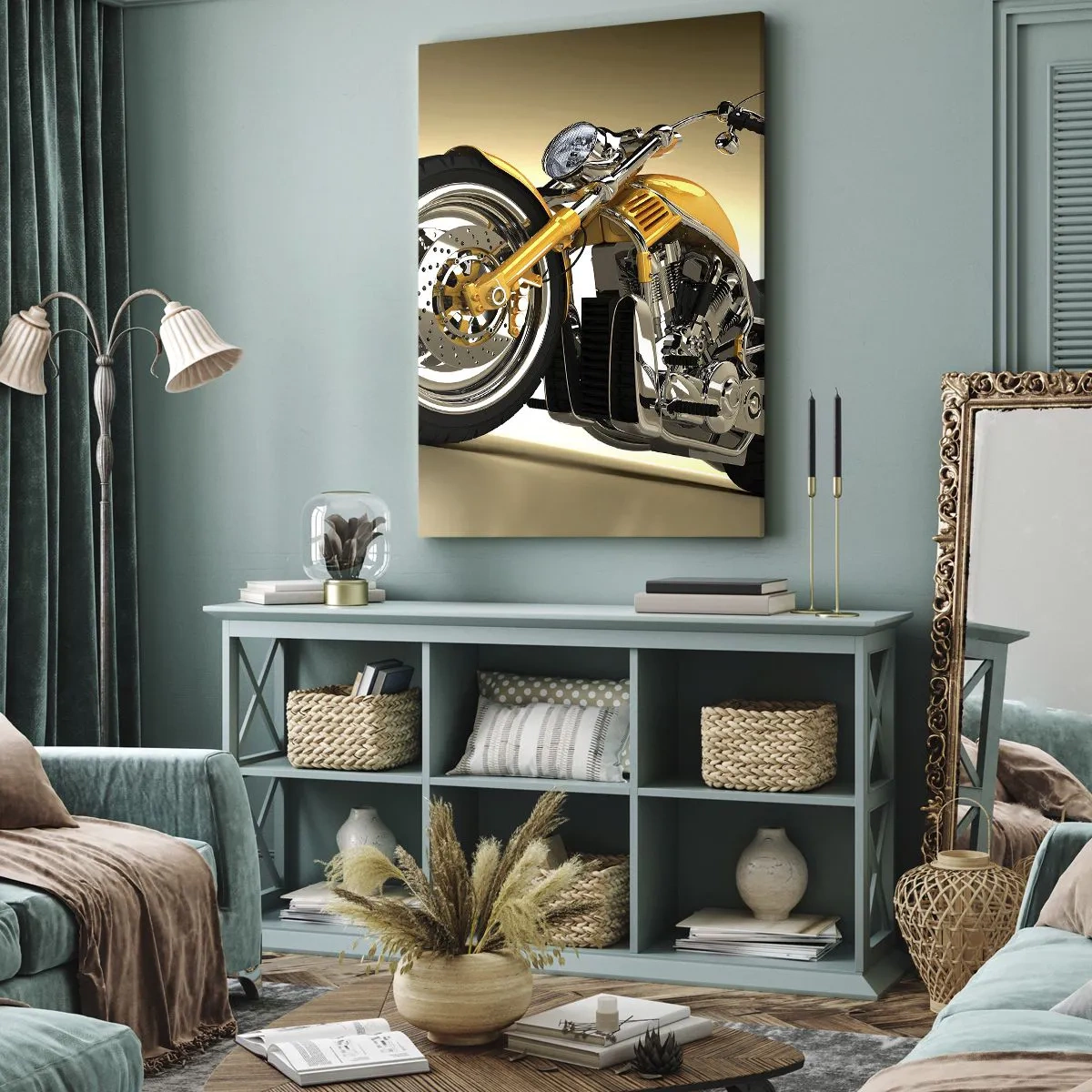 Cuadro sobre lienzo - Impresión de Imagen - Una motocicleta estilo chopper amarilla contra una pared beige - 80x120cm - Un sueño de fuerza y velocidad - Decoración de pared moderna para salón y dormitorio ARTTOR