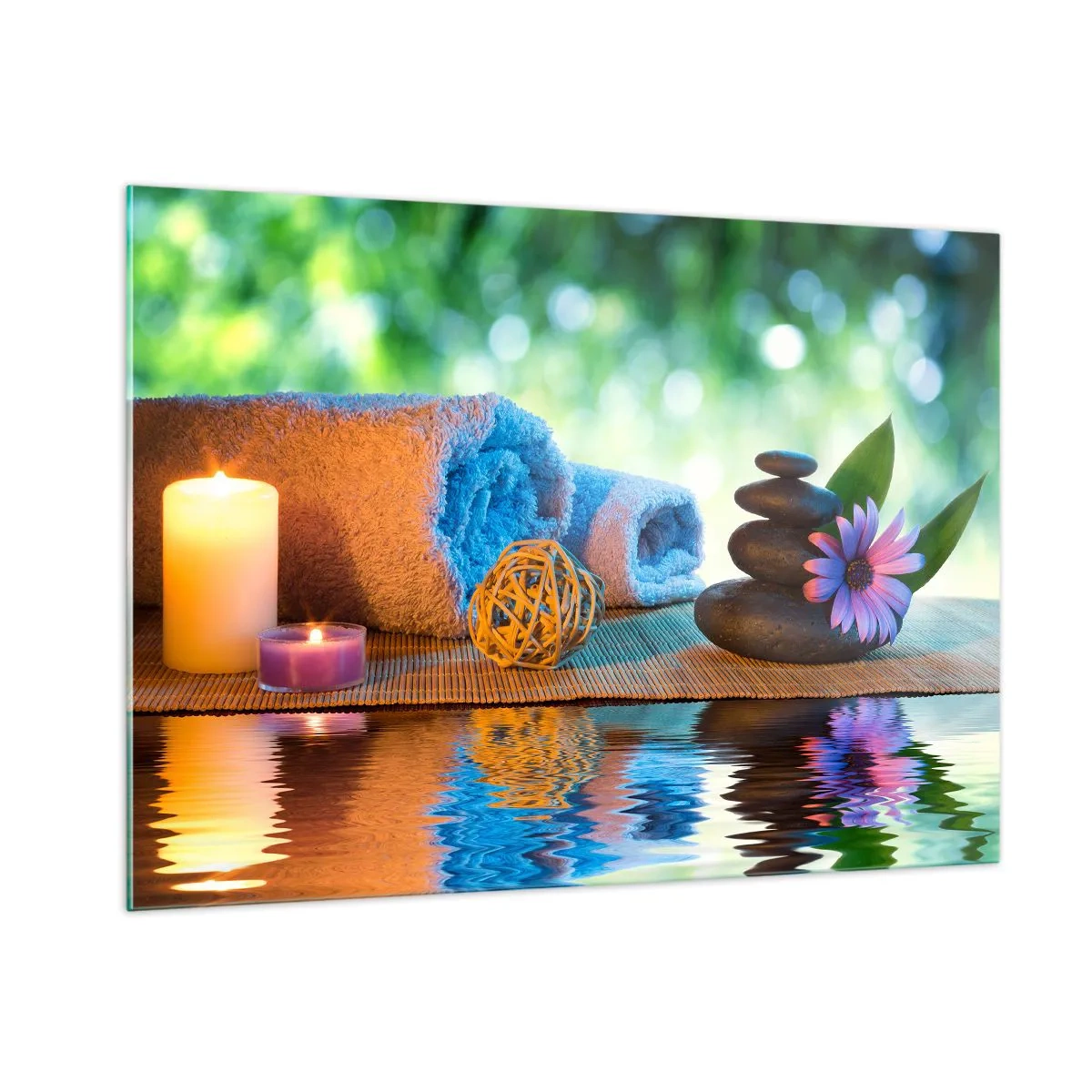 Cuadro sobre vidrio - Impresiones sobre Vidrio - Spa con toallas, velas y piedras con un fondo natural. - 100x70cm - Tiempo para el cuerpo - Decoración de pared moderna para salón y dormitorio ARTTOR
