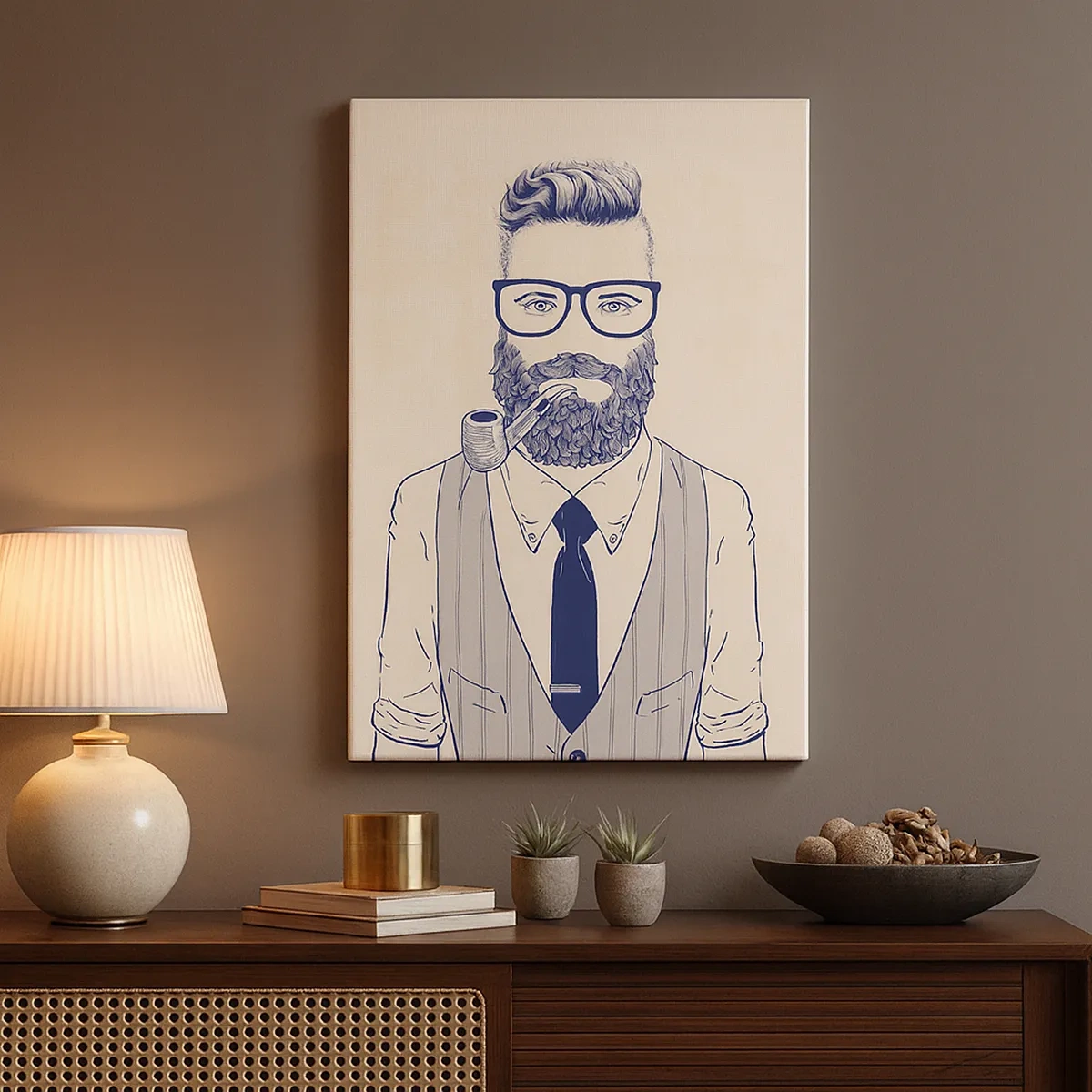 Cuadro sobre lienzo - Impresión de Imagen - Hombre estilizado con barba, pipa y gafas. - 50x70cm - Alegre, masculino y a la moda - Decoración de pared moderna para salón y dormitorio ARTTOR
