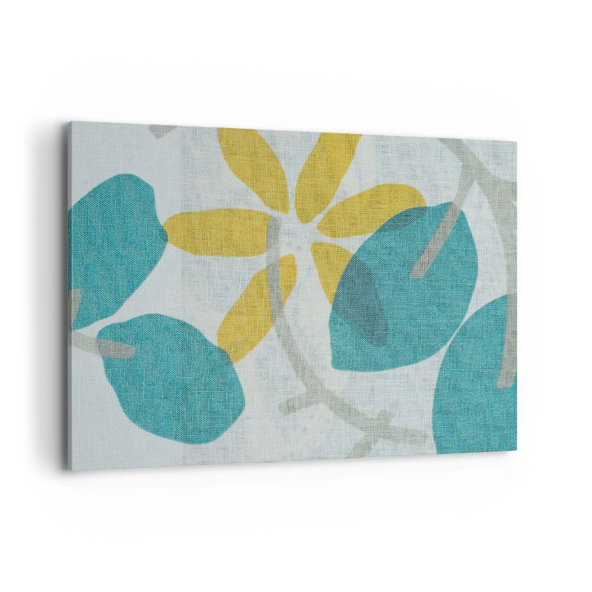 Cuadro sobre lienzo - Impresión de Imagen - Hojas en tonos turquesa y amarillo sobre un fondo claro. - 100x70cm - Entre hojas azules - Decoración de pared moderna para salón y dormitorio ARTTOR