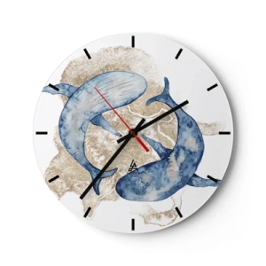 Reloj de pared - Reloj de vidrio - Ballenas azules contra la arena dorada - 30x30cm - ¿Amistad o amor? - Decoración de pared moderna para salón, cocina y dormitorio ARTTOR