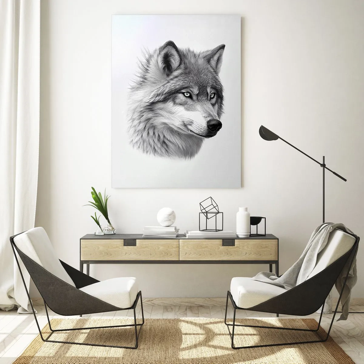 Cuadro sobre vidrio - Impresiones sobre Vidrio - Retrato en blanco y negro de un lobo con una mirada penetrante. - 50x70cm - Alfa - sin duda - Decoración de pared moderna para salón y dormitorio ARTTOR