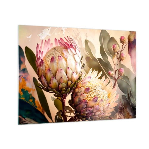 Cuadro sobre vidrio - Impresiones sobre Vidrio - Flores de protea en tonos cálidos y luz suave. - 70x50cm - Abrazados con ternura - Decoración de pared moderna para salón y dormitorio ARTTOR