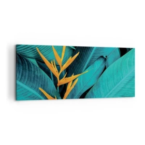 Cuadro sobre lienzo - Impresión de Imagen - Una flor exótica sobre un fondo de hojas de plátano en tonos turquesas. - 120x50cm - Flor del Edén - Decoración de pared moderna para salón y dormitorio ARTTOR