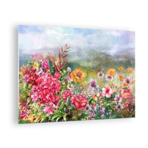 Cuadro sobre vidrio - Impresiones sobre Vidrio - Un ramo de flores de colores sobre un paisaje pintoresco. - 70x50cm - Un jardín enloquecido - Decoración de pared moderna para salón y dormitorio ARTTOR