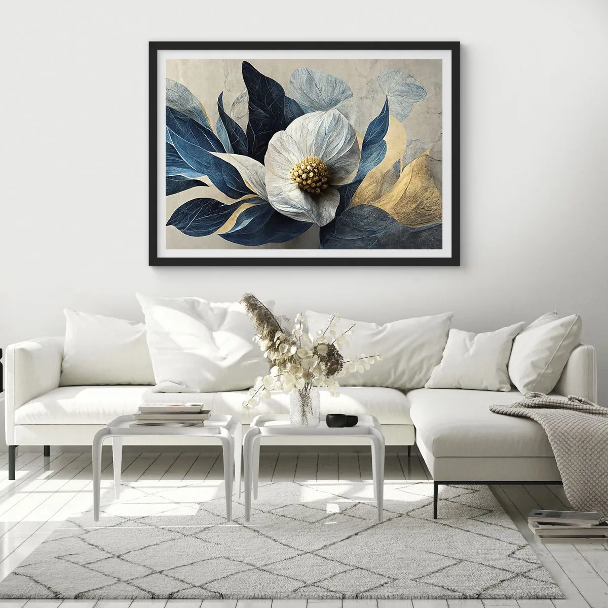Póster en marco negro - Una flor con hojas azules sobre un fondo elegante. - 100x70cm - Con un corazón de oro - Decoración de pared moderna para salón y dormitorio ARTTOR