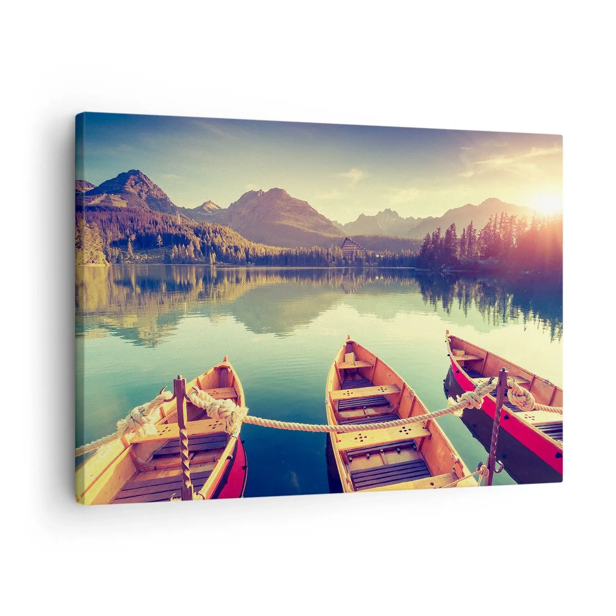 Cuadro sobre lienzo - Impresión de Imagen - Barcos en un lago tranquilo rodeado de montañas al atardecer - 70x50cm - Para vivir según sus leyes - Decoración de pared moderna para salón y dormitorio ARTTOR